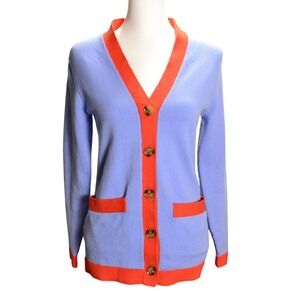 Blue Contrast Trim Cardigan Button Front Preppy Classic Knit Sweater XXSP Petite
